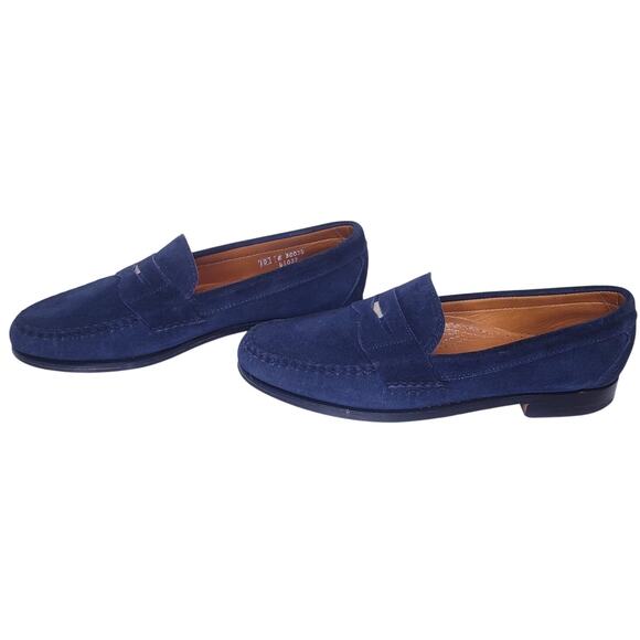 ALLEN EDMONDS Cavanaugh Blue Suede Penny Loafers Men's Size 10 E Preppy Slip On - Picture 1 of 16